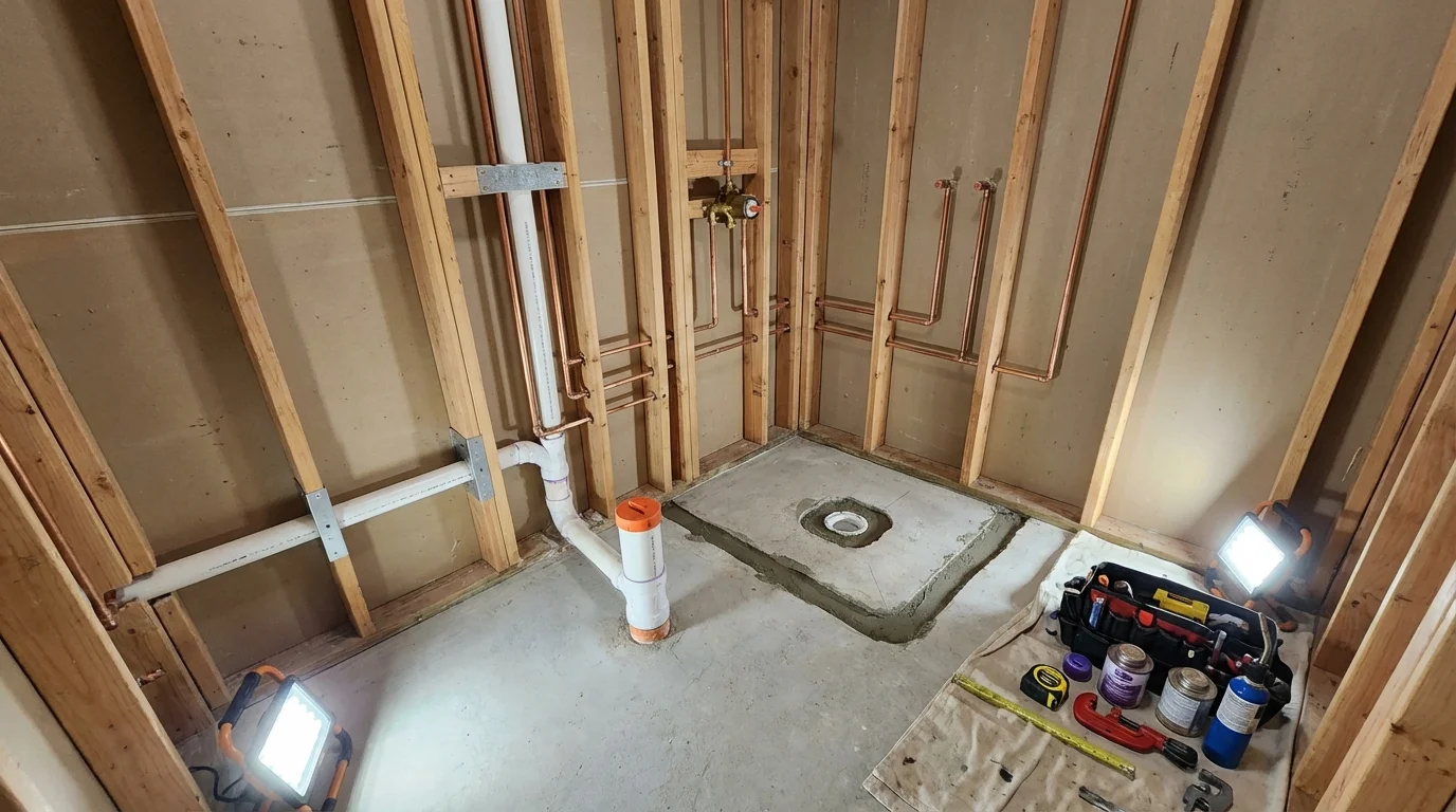 Bathroom rough-in plumbing during remodel by Johns Plumbing LLC in Parks